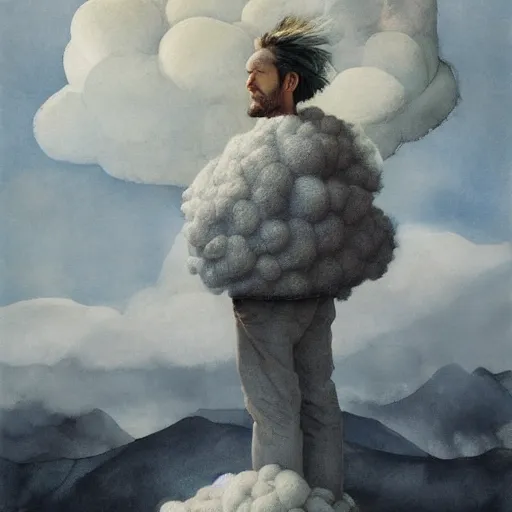 Image similar to Portrait of the Nimbus Cloud King wearing a poofy marshmallow coat whilst standing atop a cloud-covered mountain peak paul klee andrew wyeth edawrd hopper tom bagshaw stanton feng bastien lecouffe-deharme tombow oil painting