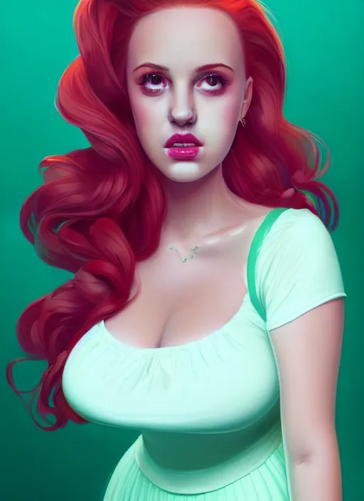 Image similar to full body portrait of teenage cheryl blossom, obese, bangs, green eyes, sultry, realistic, red hair, sultry smirk, wavy hair, pink skirt, fat, intricate, elegant, glowing lights, highly detailed, digital painting, artstation, concept art, smooth, sharp focus, illustration, art by wlop, mars ravelo and greg rutkowski