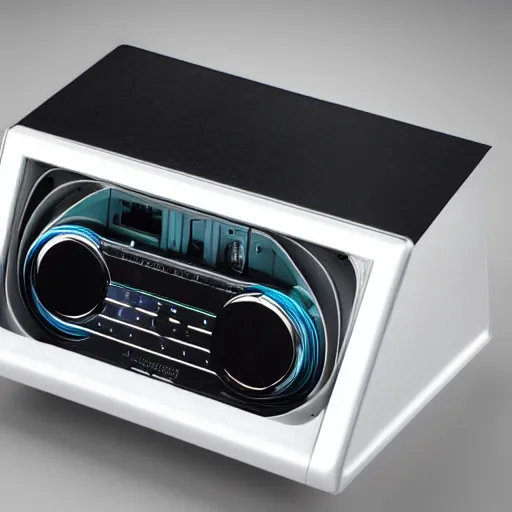 Prompt: futuristic cassette player designed by johnny ive, award - winning product photography, studio lighting, background, ultra detailed, sharp focus,