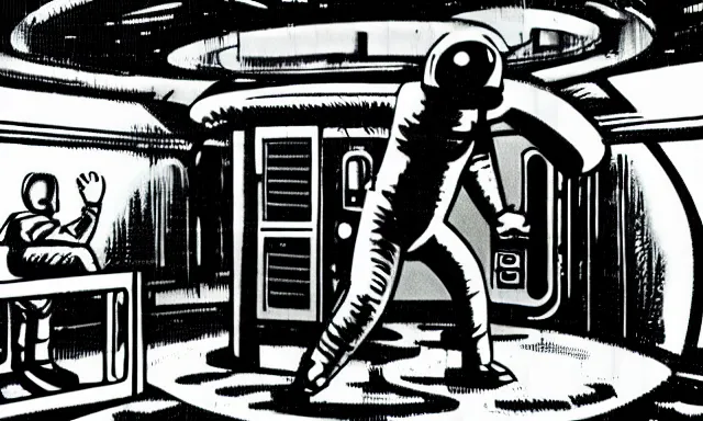 Prompt: Science fiction movie, inside the spaceship's reactor room, the captain punches the alien.