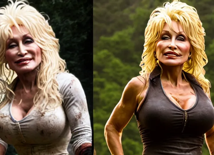 Image similar to film still of!!!! dolly parton!!! as lara croft in new tomb raider movie, 8 k