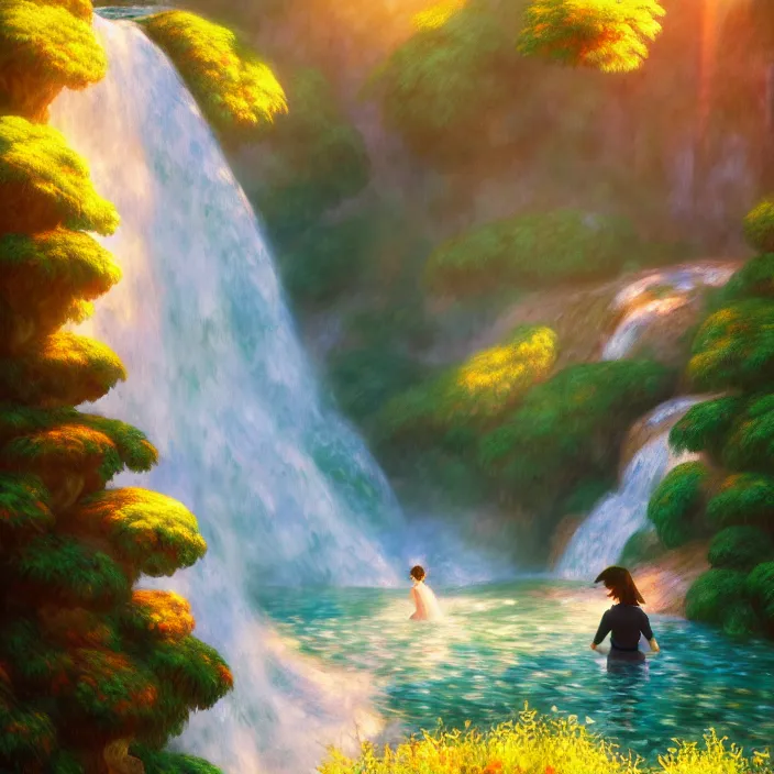 Prompt: an epic makoto shinkai and renoir landscape of a v - shaped waterfall, 🌺, golden hour, ultra smooth, lois van baarle, ilya kuvshinov, unreal engine, blender, trending on artstation, suntur, caleb worcester, highly detailed, photorealism, bloom effect 8 k