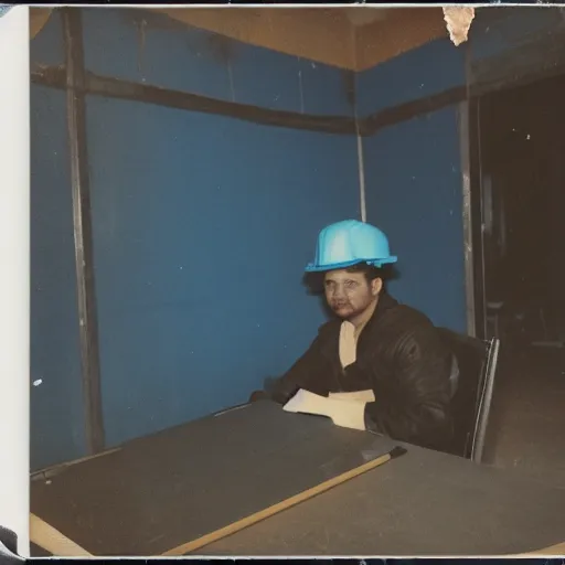 Image similar to a polaroid photo of man using a laptop inside in warehouse, he sitting on chair and small table, he's wearing blue cloth and construction hat, photo from behind, high details, perfect face shape