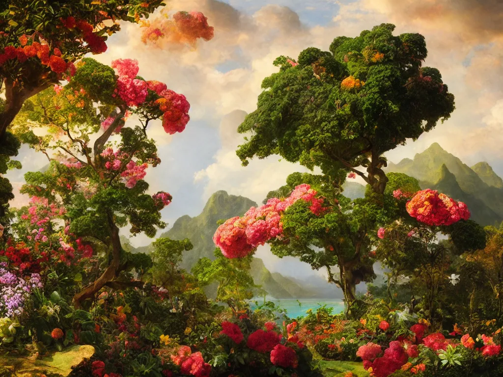 Prompt: kauai springtime, universe is a spheroid region 7 0 5 meters in diameter, sunlight study, art nouveau, by jan davidsz de heem and ( ( ( ( ( lisa frank ) ) ) ) ) and frederic edwin church, oil - painting, 3 d render, 8 k, extreme detail, sharp focus, octane render