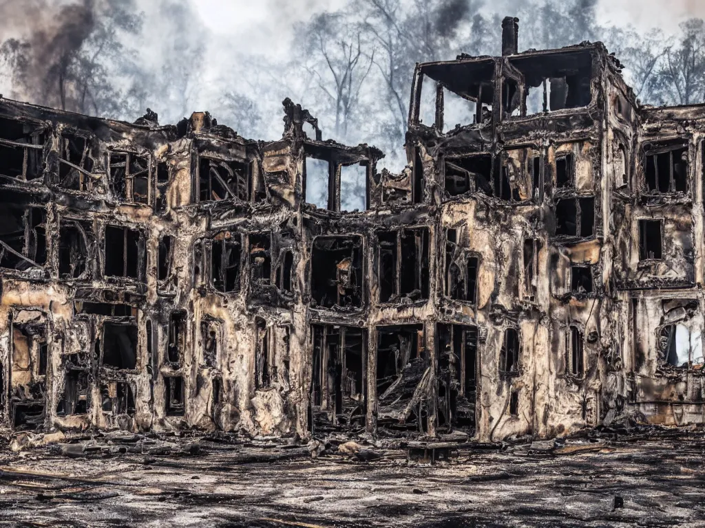 Image similar to old building, half of it is destroyed and burnt!, no fire, no smoke, black burnt ruins, photography, realism, dslr photo, 8 k, journalism