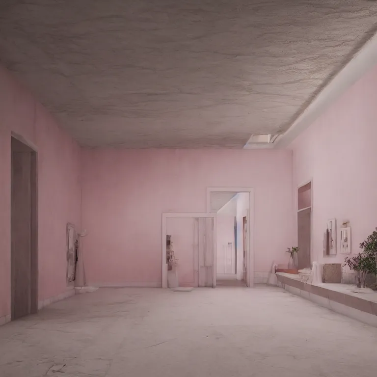 Image similar to liminal spaces, backrooms, swimming pool, light pink tones, unreal engine, octane render, photo realistic