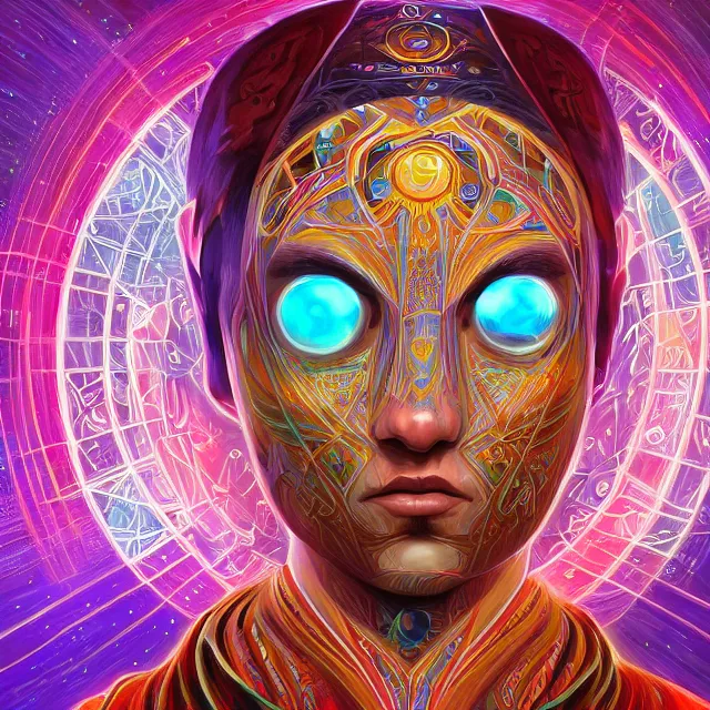 Image similar to one centered screen portrait of a future metaverse ayahuasca tech shaman warrior, 2 d cartoon, visionary art, symmetric, magick symbols, holy halo, shipibo patterns, sci - fi, concept art, trending on art station, 8 k digital art, by mandy jurgens, fantasy portrait art, anime