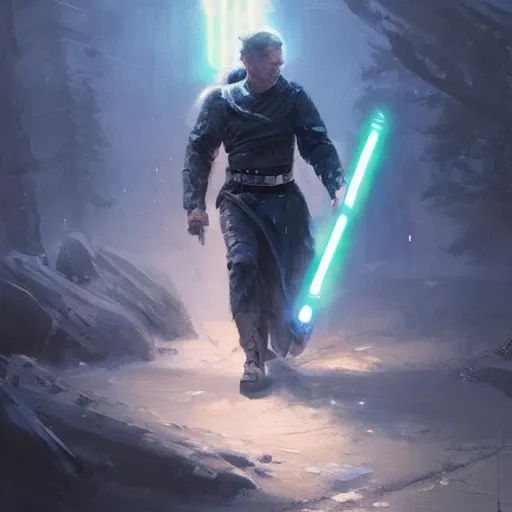 Prompt: Bjorn Ironside wielding a blue lightsaber, by Greg Rutkowski and Thomas Kinkade, trending on artstation 4k.