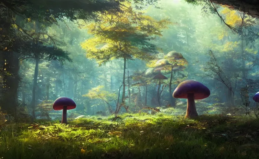 Prompt: a glowing mushroom in a magical forest, painting by craig mullins, octane rendering, soft morning lighting, wide angle lens, in the style of hayao miyazaki, trending on artstation,