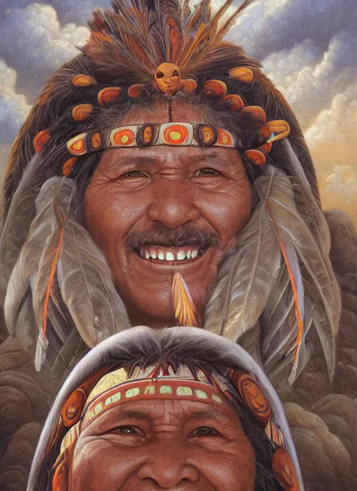 Image similar to faces of indigenous amazonian grandfathers and grandmothers spirits in the clouds, smiling, protection, benevolence, ancestors, detailed faces, art by christophe vacher