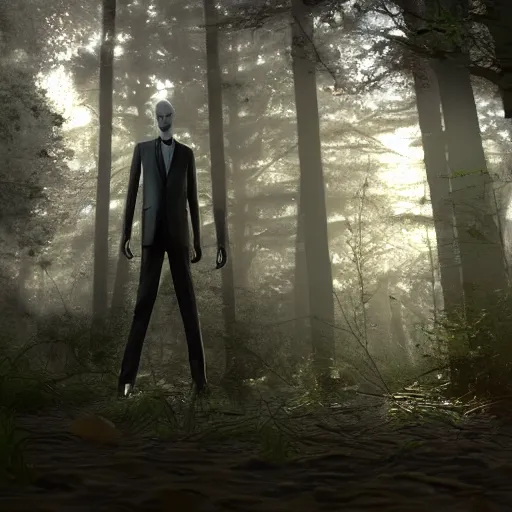 Prompt: photorealistic Slenderman in the woods, dynamic lighting, ultra realistic, trending on art station, ray tracing, sun rays