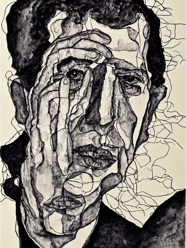 Image similar to a line art portrait of singer leonard cohen, inspired by the work of egon schiele.