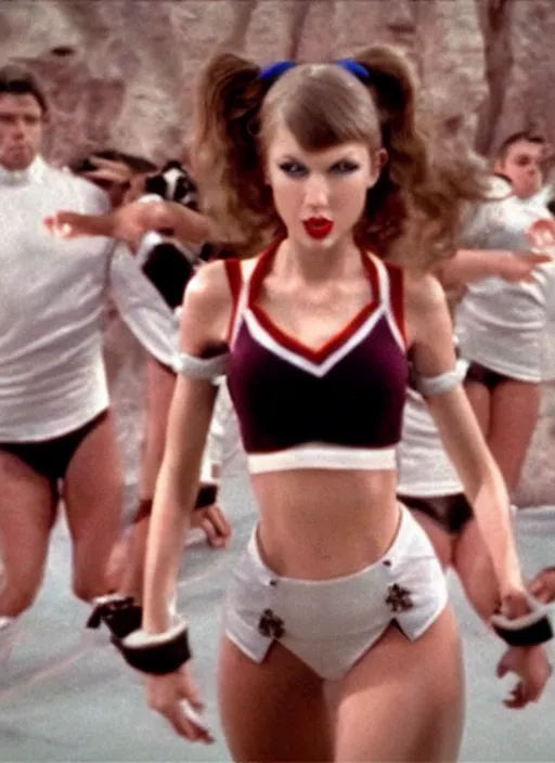 Prompt: film still of taylor swift wearing a cheerleader outfit being swallowed by a snake, in the movie star wars. goo, saliva, sweat, oily substances.