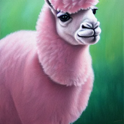 Prompt: fluffy pink alpaca, hyperrealism oil painting