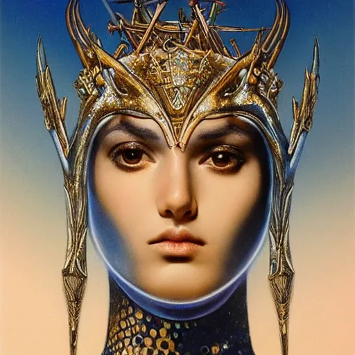 Prompt: artemixel, the modern reincarnation of the old selenium greek god of hunt, also known as artemis the selene, carrying the celebrated crown of the crescent moon wich its usual bright and slightly bluish crescent like the brightness of the night, a close - up portrait by moebius, karol bak and ayami kojima, character design, sci - fi, concept art