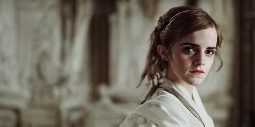 Image similar to closeup Emma Watson long hair flowing robes baroque room cinematic lighting stanley kubrick barry lyndon Canon eos M50 50mm