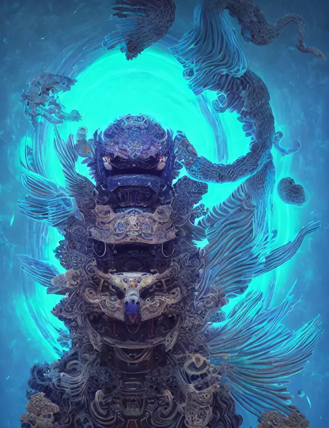 Image similar to 3 d liminal space abandoned space temple frontal portrait with ram skull. beautiful intricately detailed japanese crow kitsune mask and clasical japanese kimono. betta fish, jellyfish phoenix, bio luminescent, plasma, ice, water, wind, creature, artwork by tooth wu and wlop and beeple and greg rutkowski
