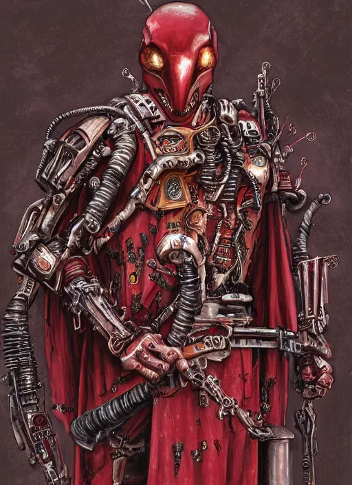 Prompt: portrait of rotten Nicolas Cage as adeptus mechanicus in red hood and robe from Warhammer 40000, mechanical tentacles. Highly detailed, artstation, illustration by and John Blanche and zdislav beksinski and wayne barlowe