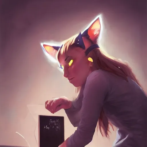 Prompt: woman with cat ears writing on a blackboard, blackboard, oil painting, digital art, cat ears, by wpol, by artgerm, beautiful lighting, by rob rey, by greg rutkowski, trending on artstation