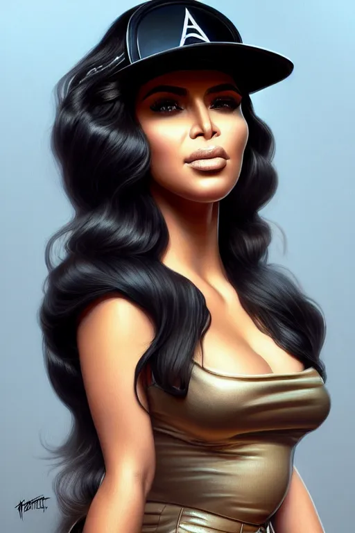 Prompt: Portrait of kim kardashian dressed as eazy e, fantasy, intricate, elegant, highly detailed, digital painting, artstation, concept art, smooth, sharp focus, illustration, art by artgerm and greg rutkowski and alphonse mucha