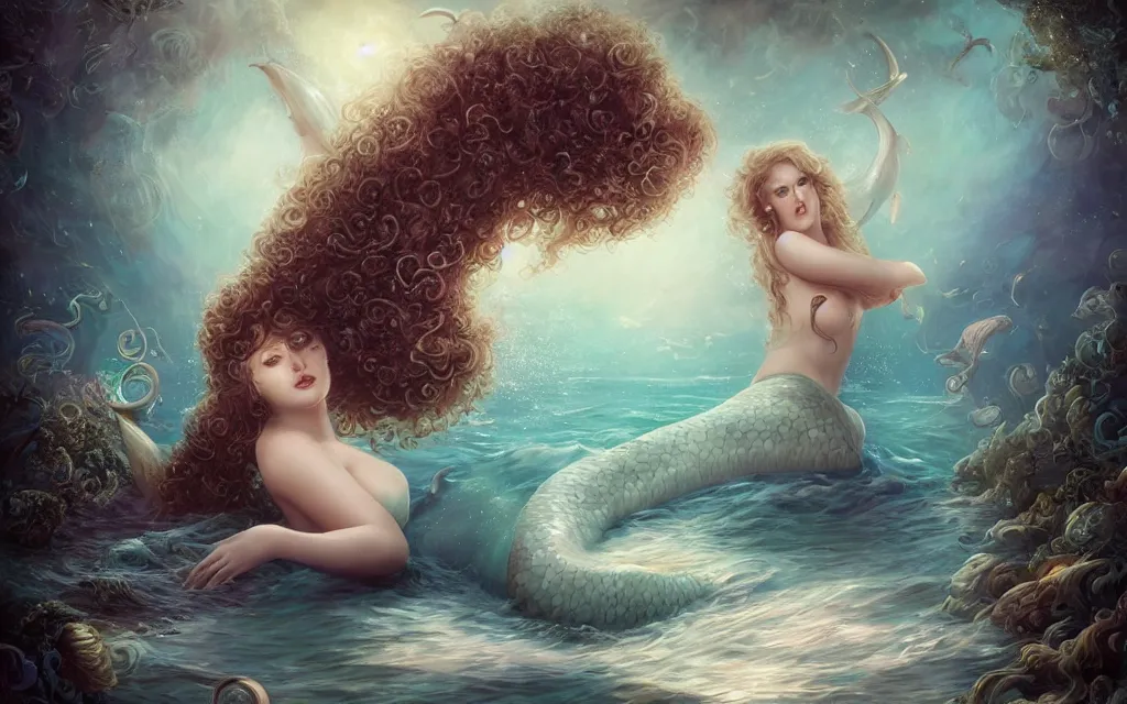 Prompt: beautiful mermaid with curly hair and dolphins, dreamscape, magical details, seashells for bra, magical atmosphere, cinematic lighting, hyper - detailed, cgsociety, 3 - d 8 k, high resolution, in the style of charlie bowater, tom bagshaw, alexis franklin, elena masci, pawel rebisz
