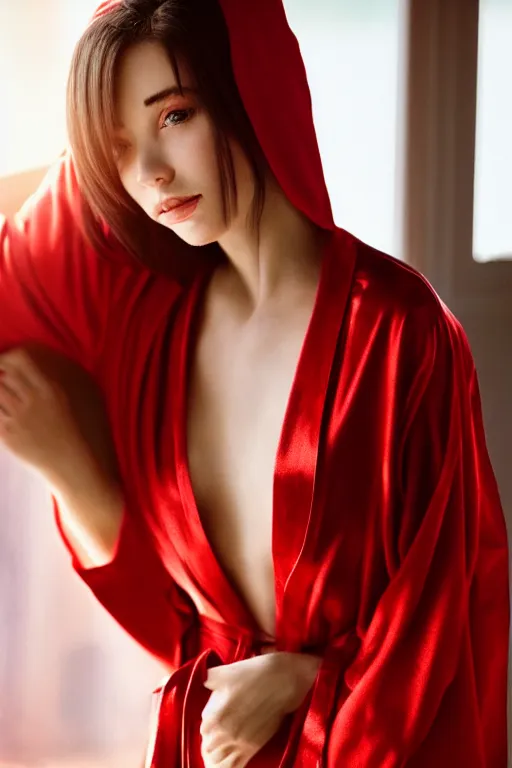Image similar to a stunning brunette, wearing a silky red robe, sunlight shining through, standing near a window, closeup, cinematic, by wlop