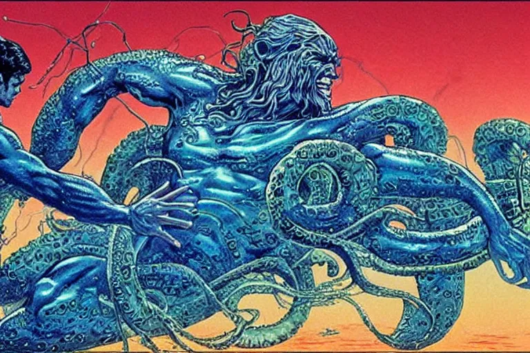 Image similar to a poseidon - android fighting with kraken, artwork by jean giraud