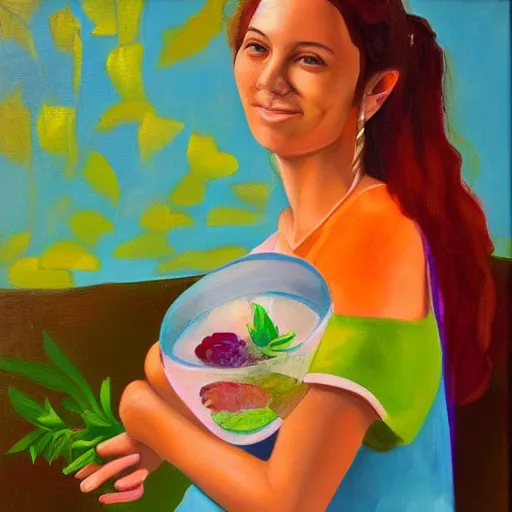 Image similar to a beautiful woman holding a gift. The gift is a fishbowl. The fishbowl has fish inside. Colorful. Oil on canvas.