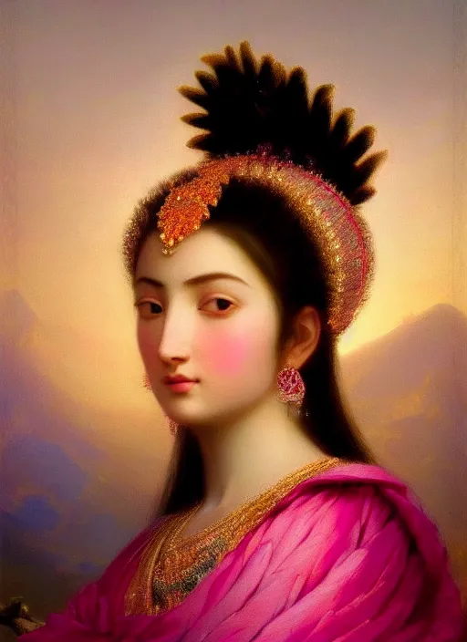 Prompt: stunning afgan godess princess, detailed pink and white protea head peace against a black backdrop by ivan aivazovsky, 3 / 4 view portrait, wlop, super sharp details, photorealism, canon 5 d, 5 0 mm lens, stunning photoshot, beautiful soft lighting, muted colours, artstation