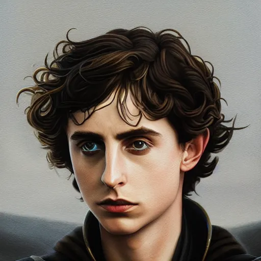 Image similar to realistic paul atreides emperor of the known universe, perfect dramatic and dark portrait by rabbitary b, trending on artstation, deviantart, dune, low angle oil painting and composition laws, dark foggy background, timothee chalamet, denis villeneuve cinematography