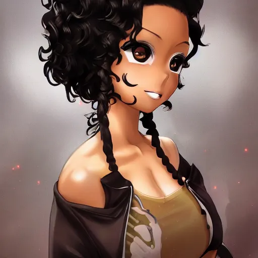 Image similar to A brown skinned woman with black curly hair as an anime character, artstation, highlt detailed