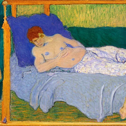 Prompt: man clothed with blue dress laying on the bed, by pierre bonnard