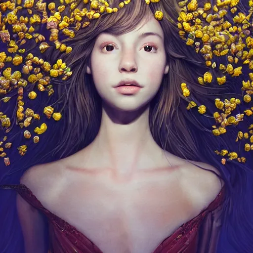 Image similar to the portrait of an absurdly beautiful, graceful, elegant, sophisticated, young teen girl made up of lemons looking up, an ultrafine hyperdetailed illustration by kim jung gi, irakli nadar, intricate linework, bright colors, octopath traveler, final fantasy, unreal engine 5 highly rendered, global illumination, radiant light, detailed and intricate environment