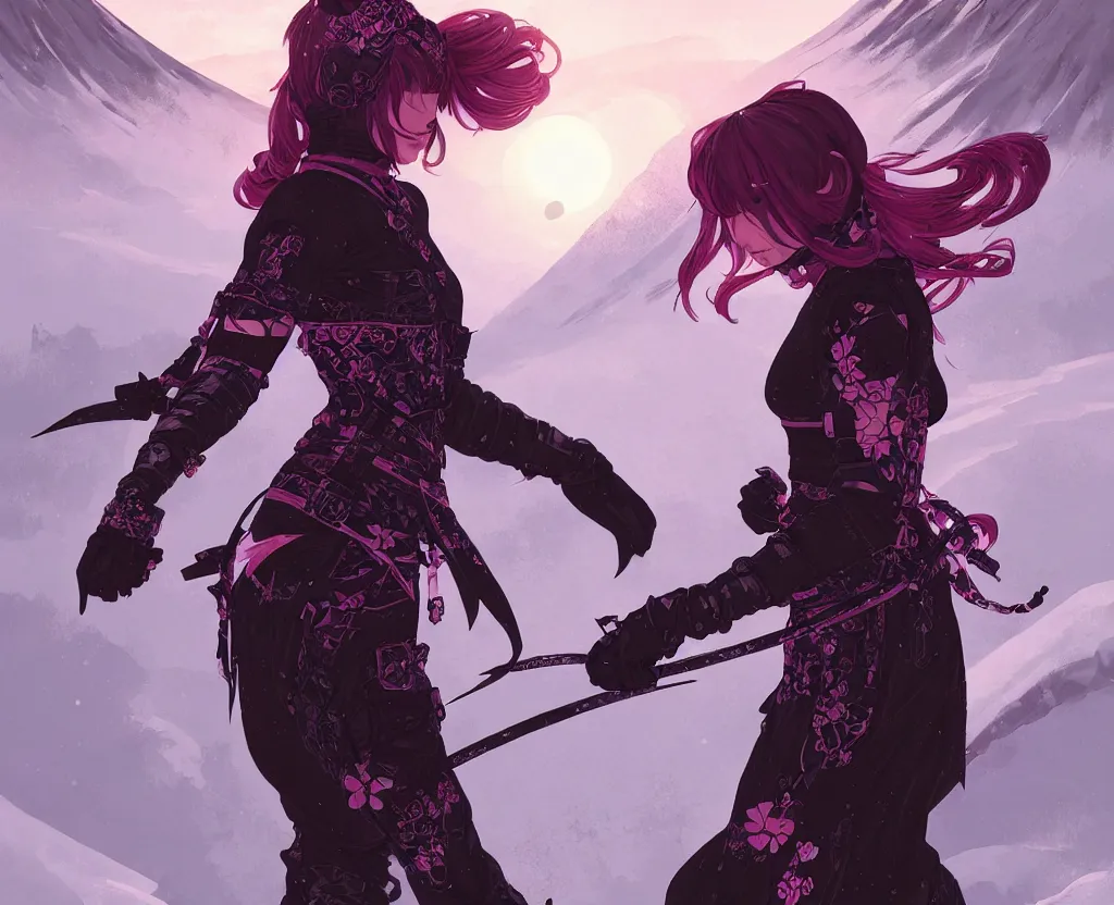 Image similar to portrait ninja gaiden girl, black plus little pink ninja wardrobe, at snowy fuji mountain sunrise, ssci - fi and fantasy, intricate and very very beautiful, detailed, digital painting, artstation, concept art, smooth and sharp focus, illustration, art by tian zi and wlop and alphonse mucha