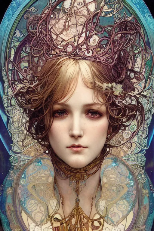 Prompt: realistic detailed face portrait of adult Goddess of cyberpunk Psychedelics by Alphonse Mucha, Ayami Kojima, Amano, Charlie Bowater, Karol Bak, Greg Hildebrandt, Jean Delville, and Mark Brooks, Art Nouveau, cyberpunk!, mechanical accents!, rich deep moody colors