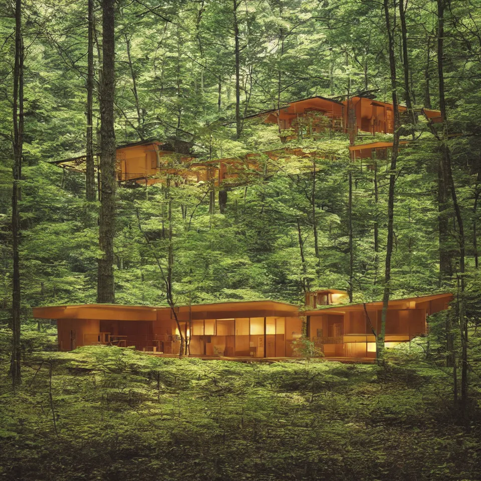 Image similar to architecture ad for a mid-century modern house in the forest, designed by Kengo Kuma. Film grain, cinematic, yellow hue