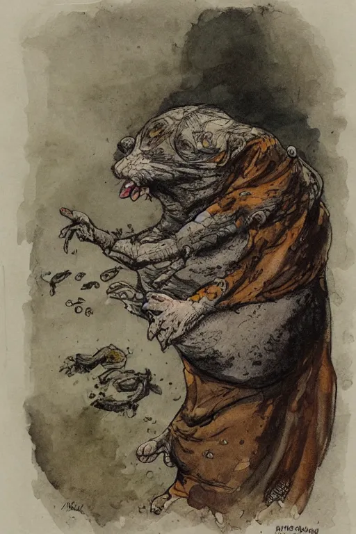 Image similar to a obese gray sniveling rat person wearing a decaying brown cloak, color painting by john blanche