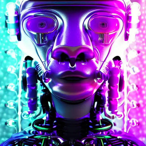 Prompt: portrait photo of a silver and purple glossy metallic futuristic steampunk robot cute ape head and bust covered with multicolored glowing gears and tubes and cables, crisp, fluorescent colors, insanely hallucinogetc detailed, 3 d render, front shot, black background, 3 5 mm