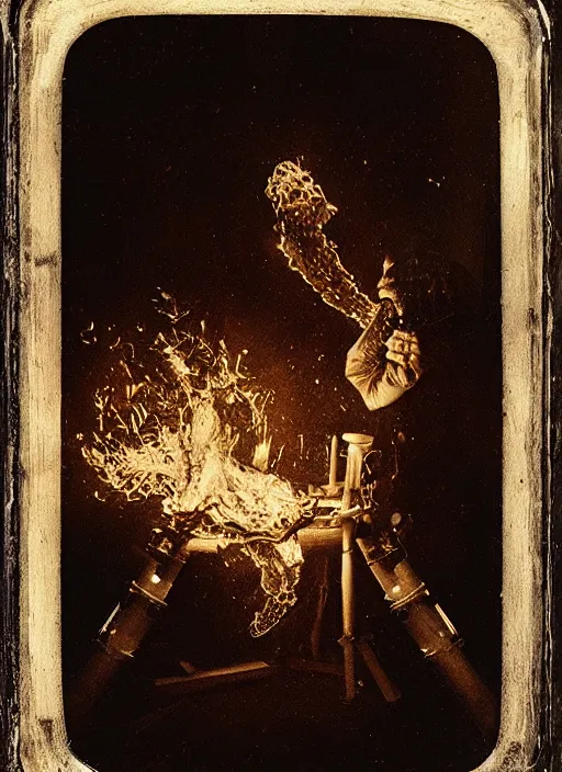 Image similar to old wetplate daguerreotype portrait of neanderthaler creating fire, explosion of data fragments, fractal, intricate, elegant, highly detailed, parallax, leica, medium format, subsurface scattering, by jheronimus bosch and greg rutkowski and louis jacques mande daguerre