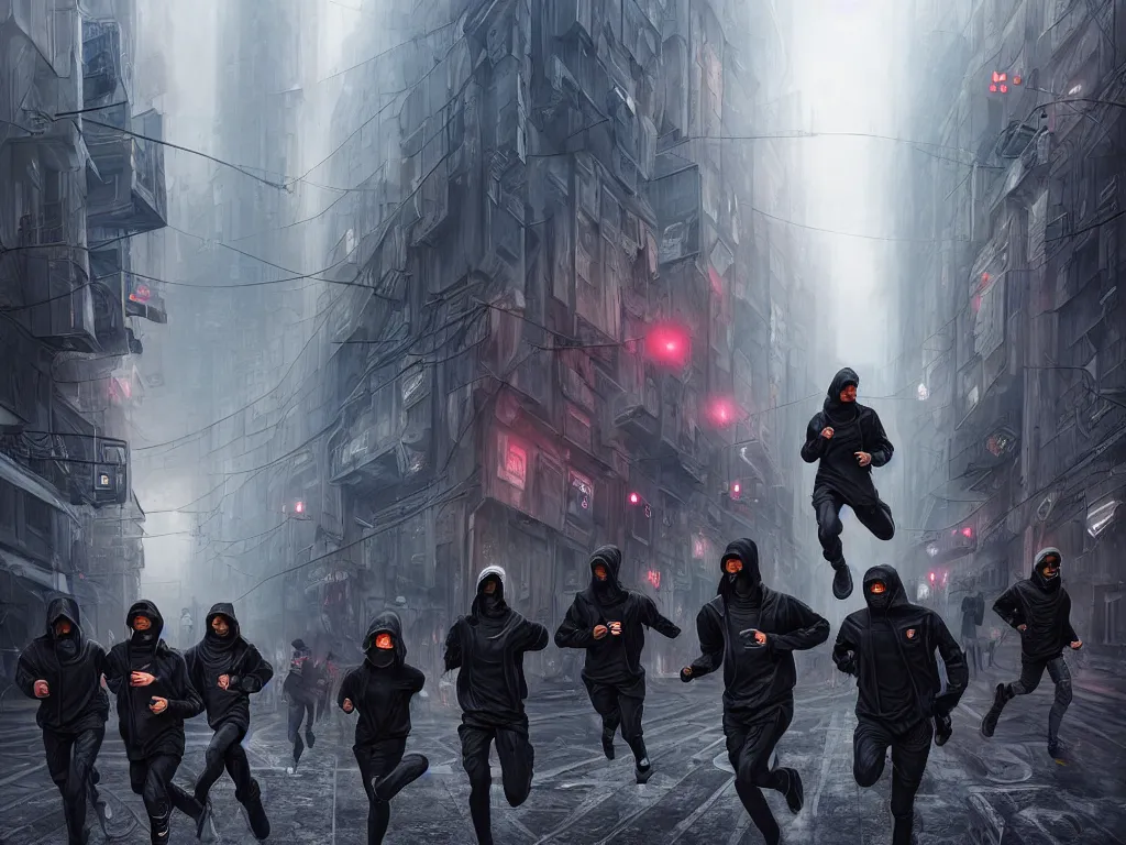 Prompt: a hyperrealistic matte painting of a group of rebellious hackers, clothed in techwear, running through the streets of a dystopian city, matte painting, intricate detail, polished, concept art, trending on artstation