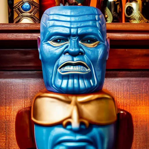 Image similar to a closeup photorealistic photograph of a glossy thanos style tiki mug sitting at a trader vic's bar featuring the face of thanos. tiki party. bright scene. fine detail. this 4 k hd image is trending on artstation, featured on behance, well - rendered, extra crisp, features intricate detail, epic composition and the style of unreal engine.