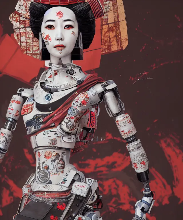 Image similar to an epic fantastic realism comic book style portrait painting of a japanese robotic geisha with kanji tattoos and decals, apex legends, octane render, intricate detail, 4 k hd, unreal engine 5