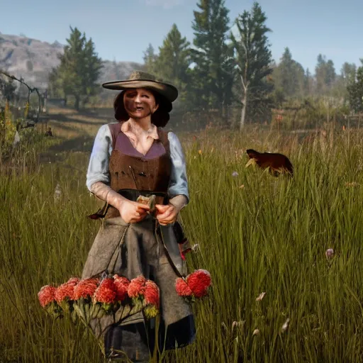 Prompt: harriet davenport from red dead online holding flowers, surrounded by critters including squirrels and rabbits, open grassy plains, slightly cloudy blue sky clear weather