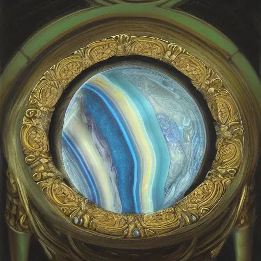 Image similar to in the center lays an ancient chromed artifact in the shape of a heavy ring seen from across the room, ornate with gentle shine from within. the ring lays on display on top of a marbled pedestal. the pedestal is in front of a dark misty balcony at night. beautiful lighting. dark moody fantasy art, realistic still life renaissance pastel painting.