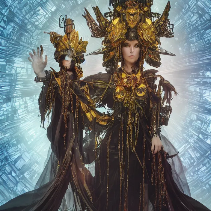 Image similar to mystical evil android queen with obsidian eyes, wearing an elaborate helmet, inside a wax palace, octane render, 8 k, unreal engine, by todd mcfarlane and artgerm and greg rutkowski and alphonse mucha