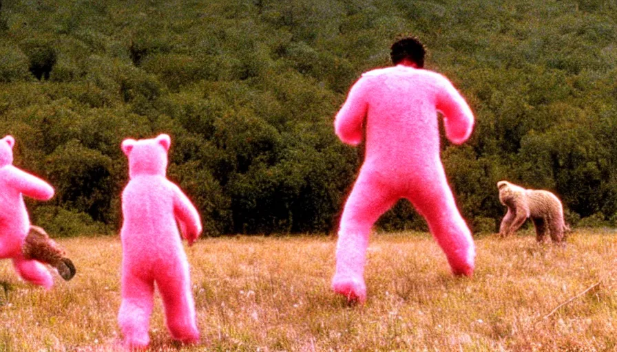 Image similar to people in pink bear suits being hunted by actual bears on a green meadow, movie still, by david lynch, by fellini, by terry gilliam, cinemascope