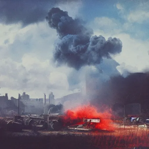 Prompt: politics, destroyed american landscape and buildings, dystopian, war, real, bright blue smoke, red clouds, detailed, award winning, masterpiece
