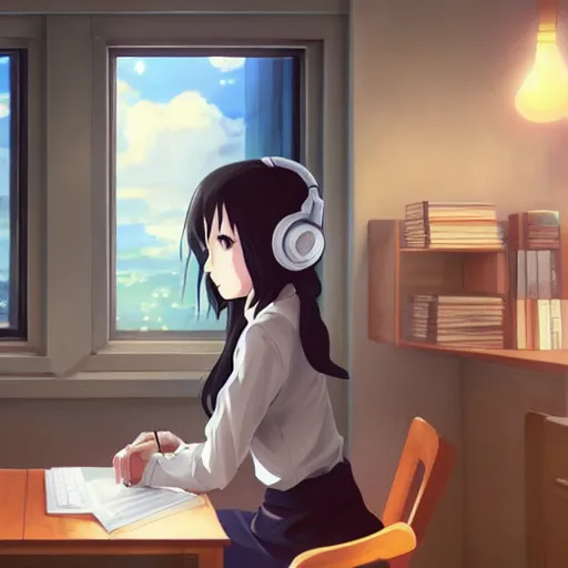 Image similar to Anime painting of a black haired girl wearing headphones while studying in her warm cozy home, by makoto shinkai, relaxed, calm, atmospheric, peacefull, trending on artstation, kimi no na wa