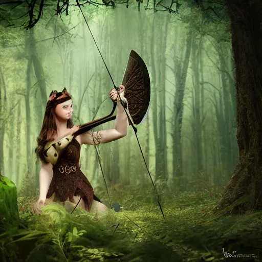 Image similar to huntress, fairy tale; forest; goddess of the hunt; Ferdinand Khab; deep woods; warrior woman; archery, Art of Illusion, Artrift, finalRender, Flickr, IMAX, Polycount, r/Art, shadow depth, Sketchfab, Sketchlab, Substance Designer, VRay; trending on r/deepdream; AppGameKit, recursive ray tracing; volumetric lighting; ambient occlusion, Hyper detailed digital matte painting, concept art, hyperrealism, Cinema 4D, 8k resolution, 64 megapixels, bokeh, CGSociety, ZBrush Central, behance HD, hypermaximalist, a masterpiece, 4K, Ukiyo-e, film noir, neon, beautiful, deep colors, bright, amazing, gorgeous, wonderful, great, marvelous, fantastic, magnificent, excellent, fabulous, lovely, astonishing, outstanding, splendid, glorious, mist, by Gustav Klimt and Gustave Doré,