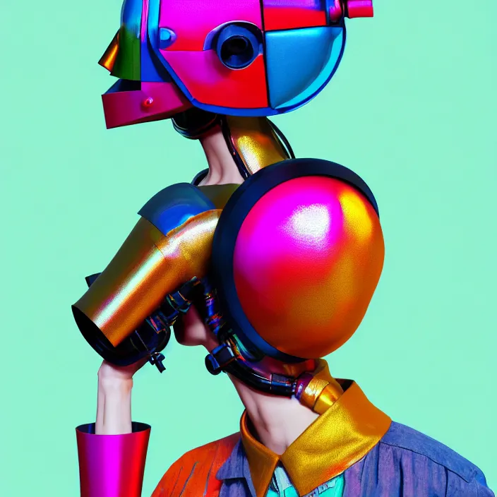 Prompt: full portrait of a post modern hybrid fashion model with an exuberant ai biochemical helmet, colorful, octane render, vray, detailed, halftoned, editorial illustration, matte print, grainy light, ( ( dither ) ), risograph, high contrast, screen print, grainy texture
